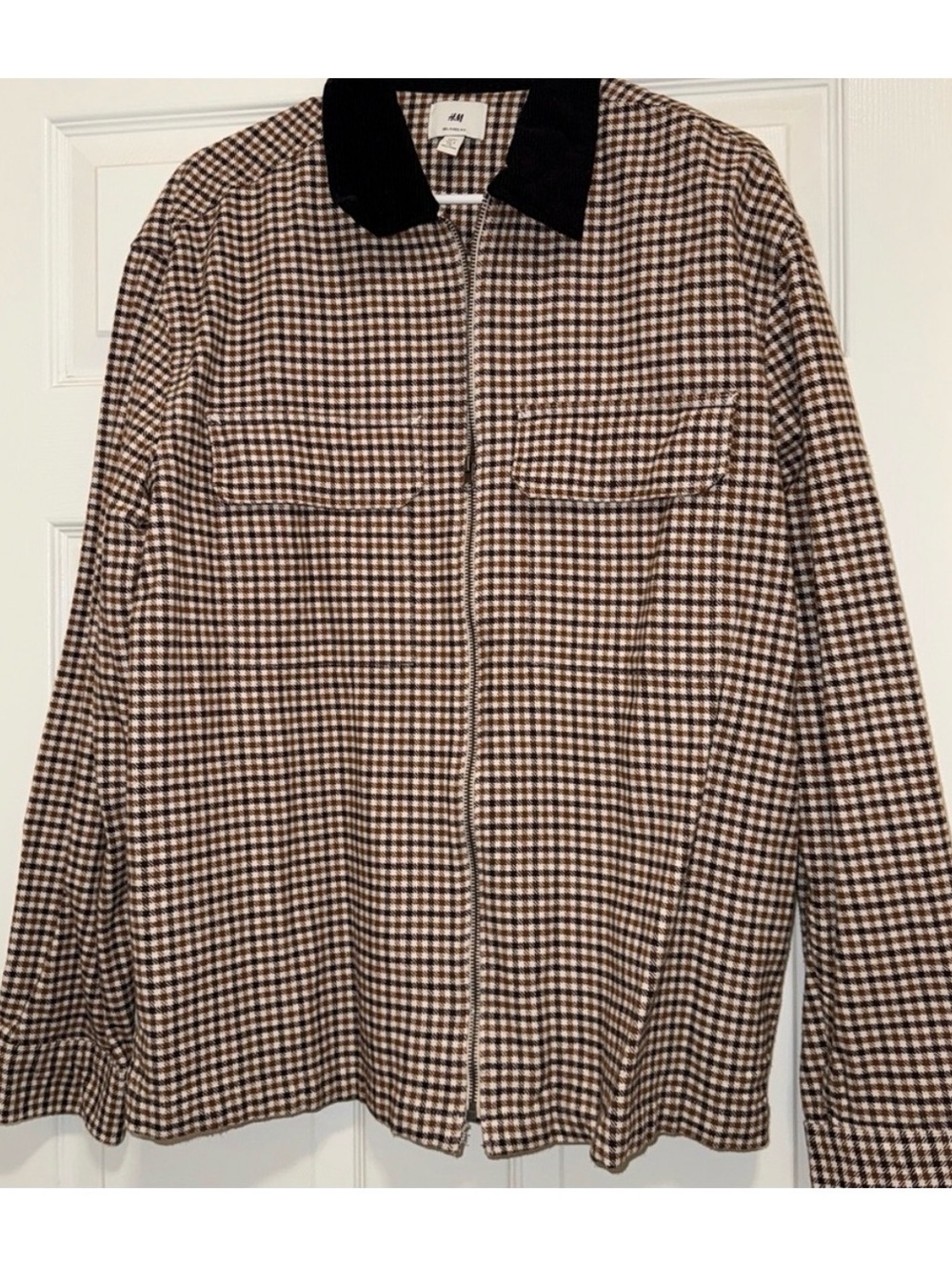 H&M Black Collar Brown Check Zip Shirt Jacket